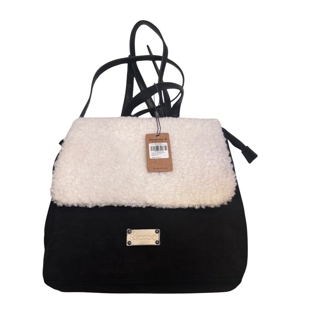 Bearpaw Sherpa Faux Shearling PVC Backpack Black Cream BWBBPW0001 NWT‎ 9.5x11x3